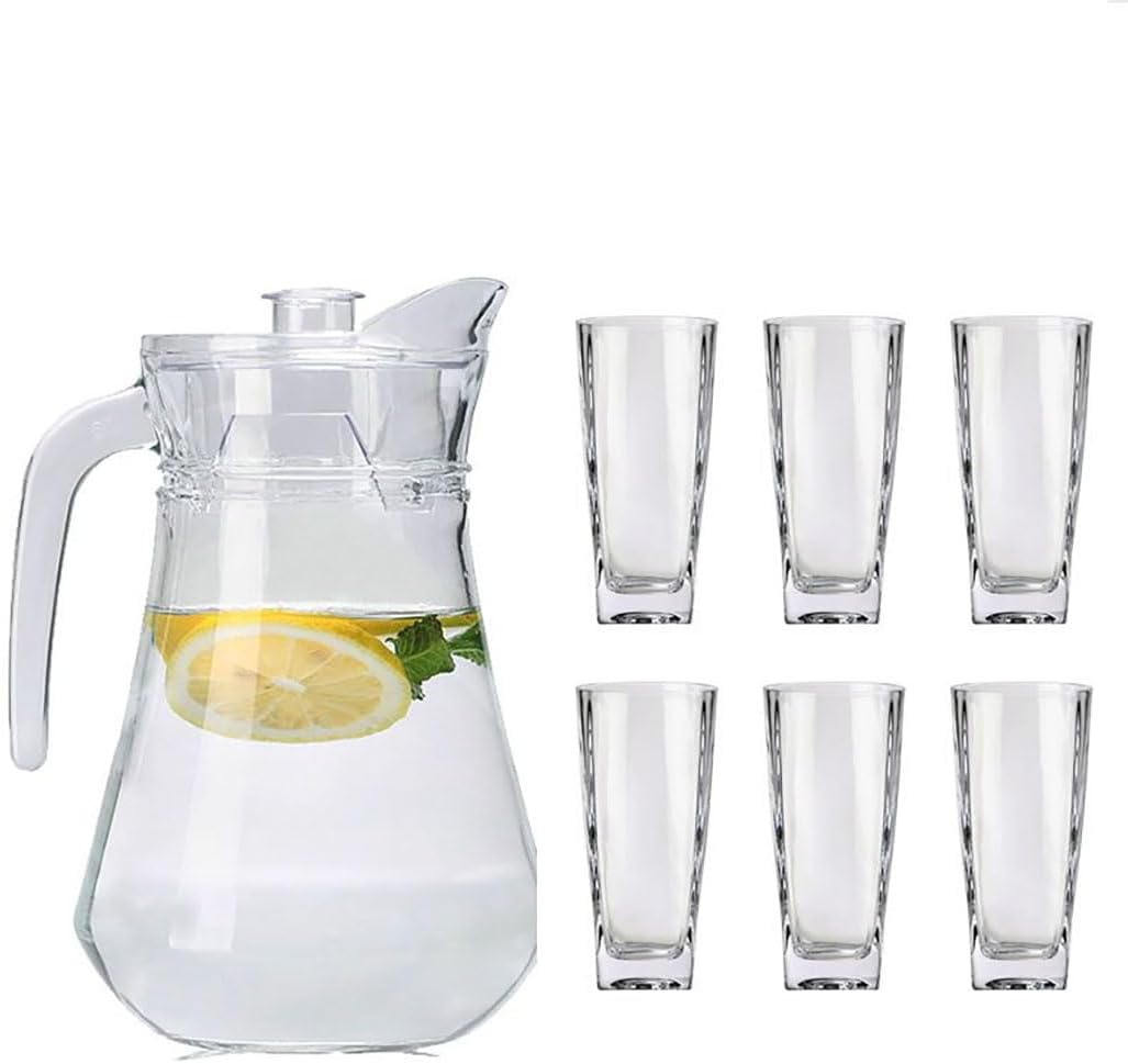 7-Pcs/Set Glass Pitcher with 6 Glasses Tumbler Cups Lid Water Carafe Jug with Spout Handle for Hot/Cold Water Tea Beverage