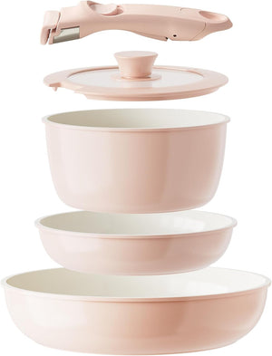Redchef Ceramic Pots and Pans Set Non Stick, Nonstick Kitchen Cookware Sets, Non Toxic Pots and Pans Set Non Stick, PFAS PFOA & PTFE Free, Detachable Handle Pots and Pans 5 Piece, RV Cookware