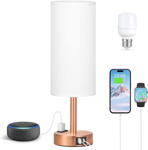 Fenmzee Bedside Table Lamp for Bedroom - 3 Way Dimmable Touch Lamp USB C Charging Ports and AC Outlet, Small Lamp Wood Base Round Flaxen Fabric Shade for Living Room, Desk, LED Bulb Included