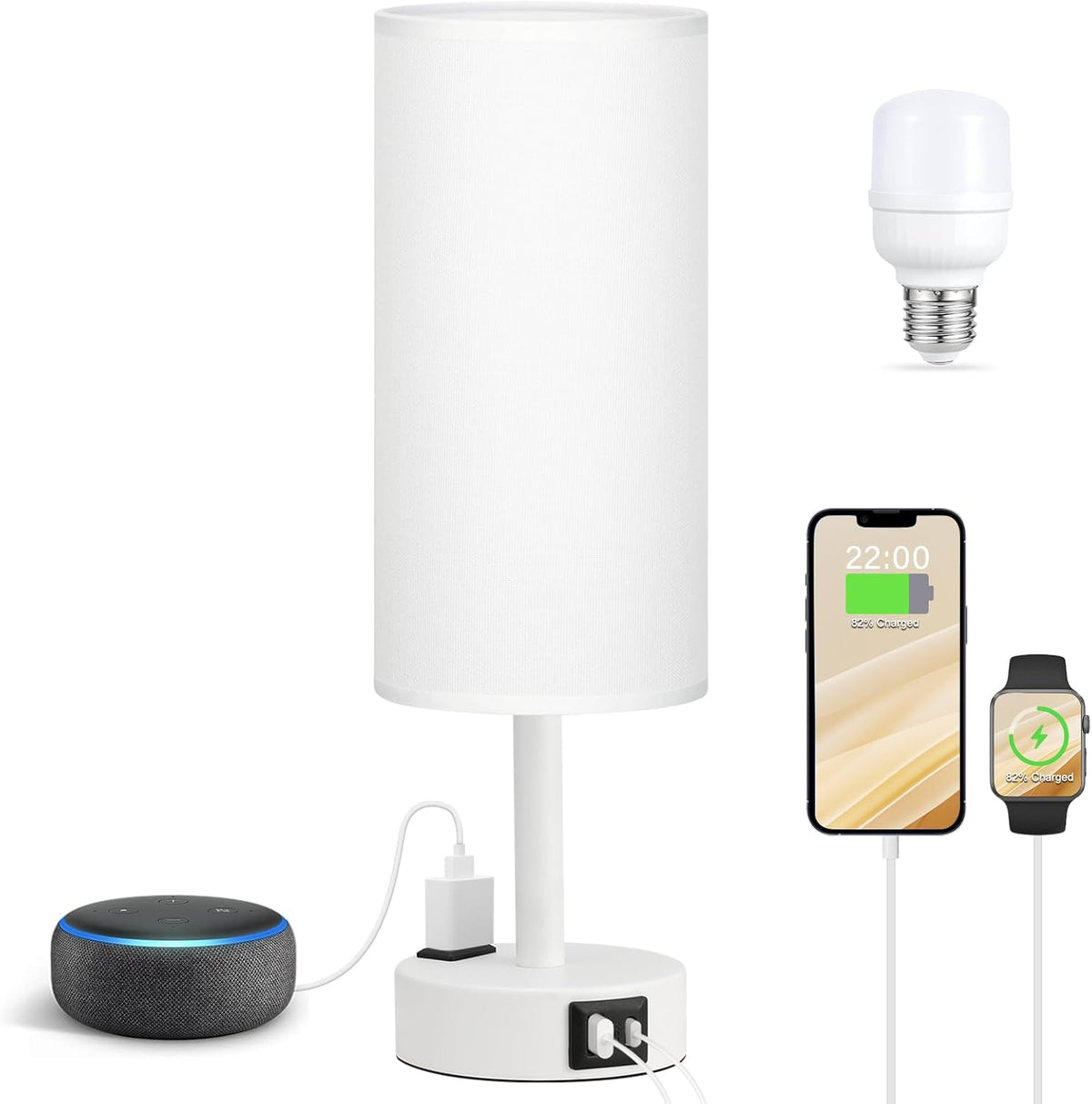 Fenmzee Bedside Table Lamp for Bedroom - 3 Way Dimmable Touch Lamp USB C Charging Ports and AC Outlet, Small Lamp Wood Base Round Flaxen Fabric Shade for Living Room, Desk, LED Bulb Included