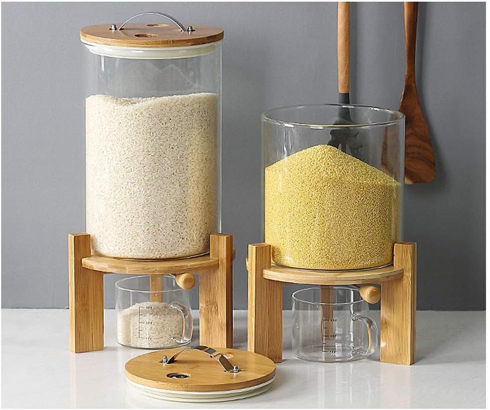 Rice Dispenser, Rice Storage Container, Flour and Cereal Container for Kitchen Organization and Pantry Store, Glass Cereal dispenser with Airtight Lid and Wooden Stand 5L