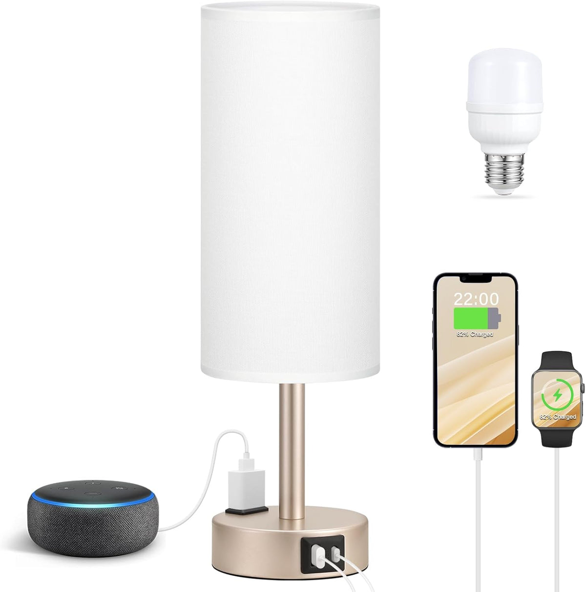 Fenmzee Bedside Table Lamp for Bedroom - 3 Way Dimmable Touch Lamp USB C Charging Ports and AC Outlet, Small Lamp Wood Base Round Flaxen Fabric Shade for Living Room, Desk, LED Bulb Included