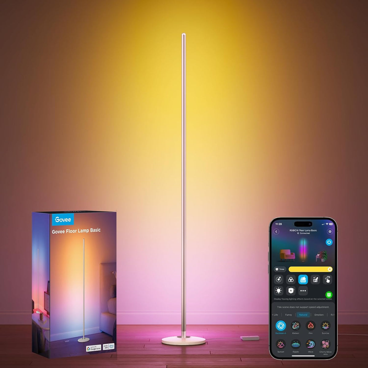 Govee RGBIC Floor Lamp Basic, LED Corner Lamp Works with Alexa, 1000 Lumen Smart Modern Floor Lamp with Music Sync and 16 Million DIY Colors, Color Changing Standing Lamp for Bedroom Living Room Black
