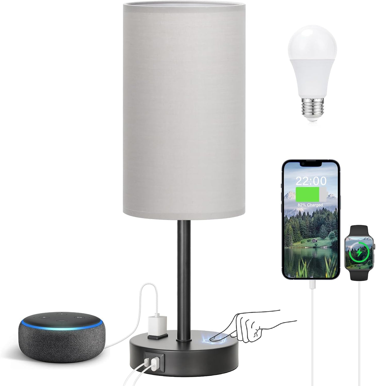 Fenmzee Bedside Table Lamp for Bedroom - 3 Way Dimmable Touch Lamp USB C Charging Ports and AC Outlet, Small Lamp Wood Base Round Flaxen Fabric Shade for Living Room, Desk, LED Bulb Included