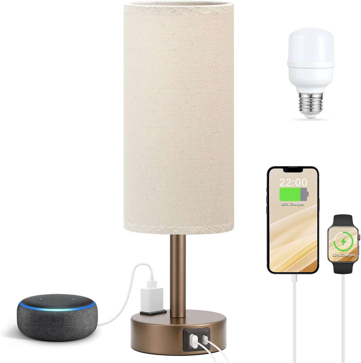 Fenmzee Bedside Table Lamp for Bedroom - 3 Way Dimmable Touch Lamp USB C Charging Ports and AC Outlet, Small Lamp Wood Base Round Flaxen Fabric Shade for Living Room, Desk, LED Bulb Included