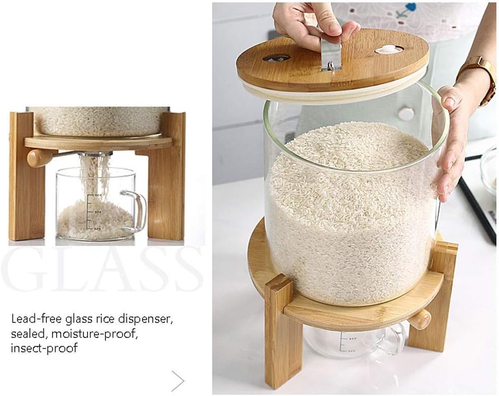 Rice Dispenser, Rice Storage Container, Flour and Cereal Container for Kitchen Organization and Pantry Store, Glass Cereal dispenser with Airtight Lid and Wooden Stand 5L