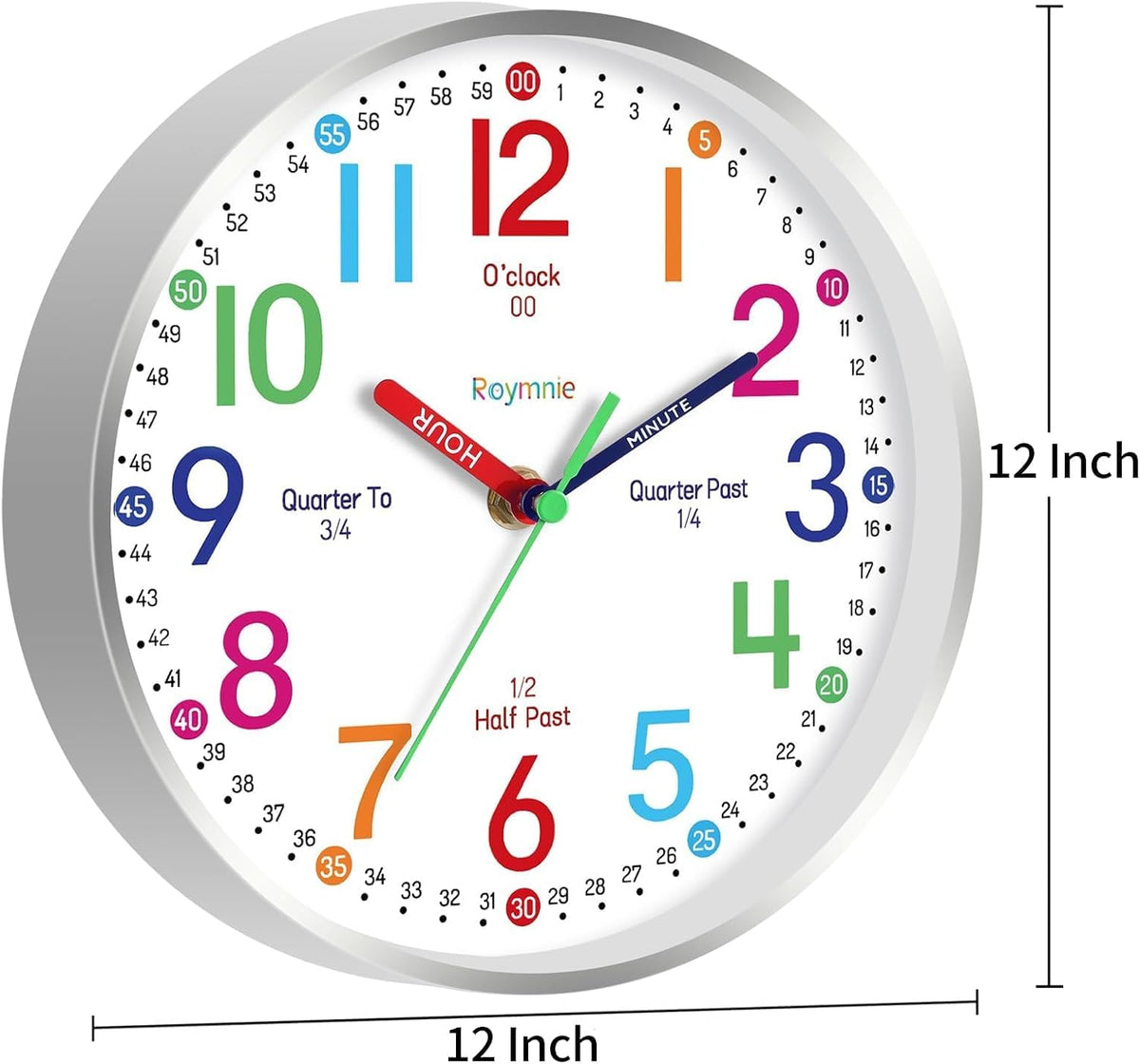 Wall Clock for Kids Learning to Tell Time Easily Non Ticking Battery Operated Kids Teaching Clock Silent Colorful Teaching Time Clock Decorative for Kids Room Classroom School (12 Inch)