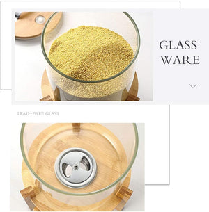 Rice Dispenser, Rice Storage Container, Flour and Cereal Container for Kitchen Organization and Pantry Store, Glass Cereal dispenser with Airtight Lid and Wooden Stand 5L