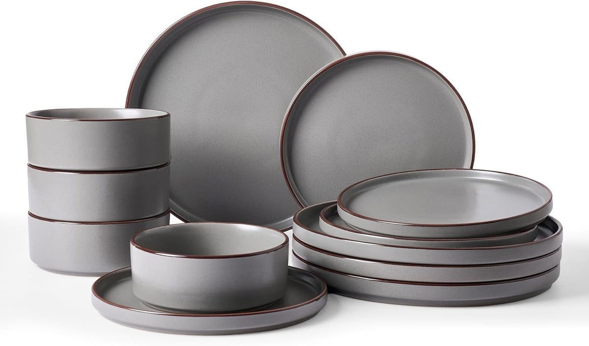 Famiware Nebula Ridge Stoneware Dinnerware Sets, Plates and Bowls Sets for 4, 12 Pieces Dishes Set, Microwave and Dishwasher Safe Kitchen Plates, Charcoal