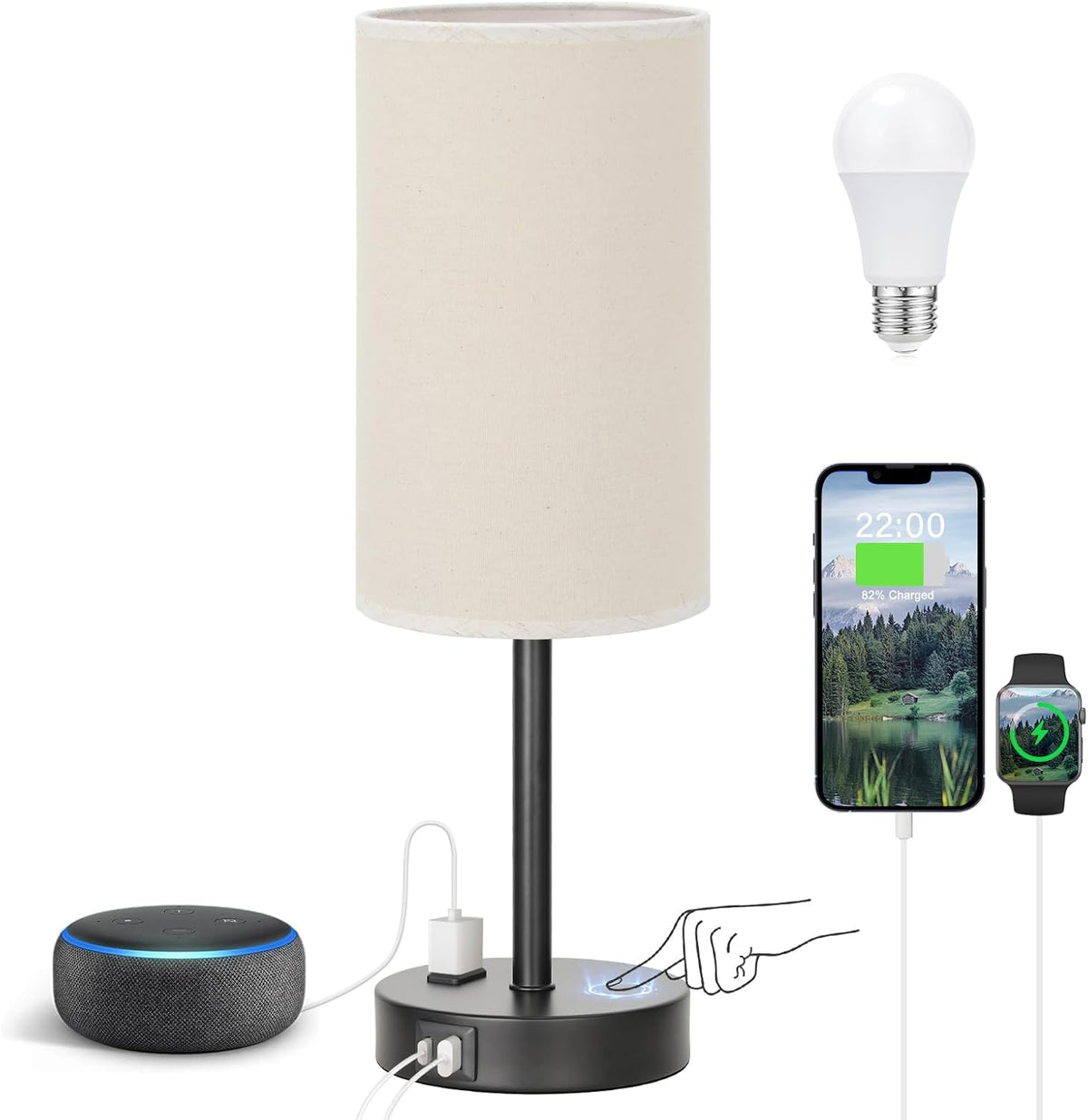 Fenmzee Bedside Table Lamp for Bedroom - 3 Way Dimmable Touch Lamp USB C Charging Ports and AC Outlet, Small Lamp Wood Base Round Flaxen Fabric Shade for Living Room, Desk, LED Bulb Included
