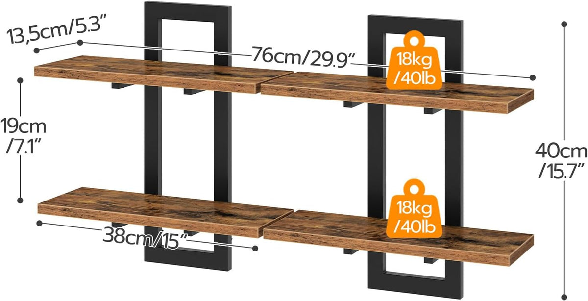 HOOBRO Floating Shelves, 15 Inch Wall Shelf Set of 2, Wall Mounted Storage Shelves 2-Tier, Hanging Bathroom Shelves, for Living Room, Bedroom, Bathroom, Kitchen, Rustic Brown and Black BF32BJ01