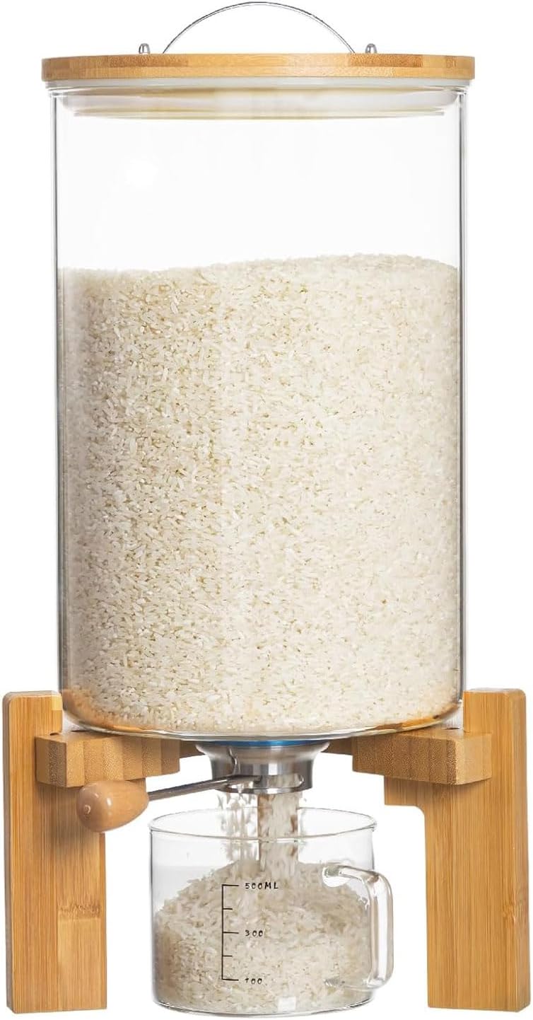 Rice Dispenser, Rice Storage Container, Flour and Cereal Container for Kitchen Organization and Pantry Store, Glass Cereal dispenser with Airtight Lid and Wooden Stand 5L