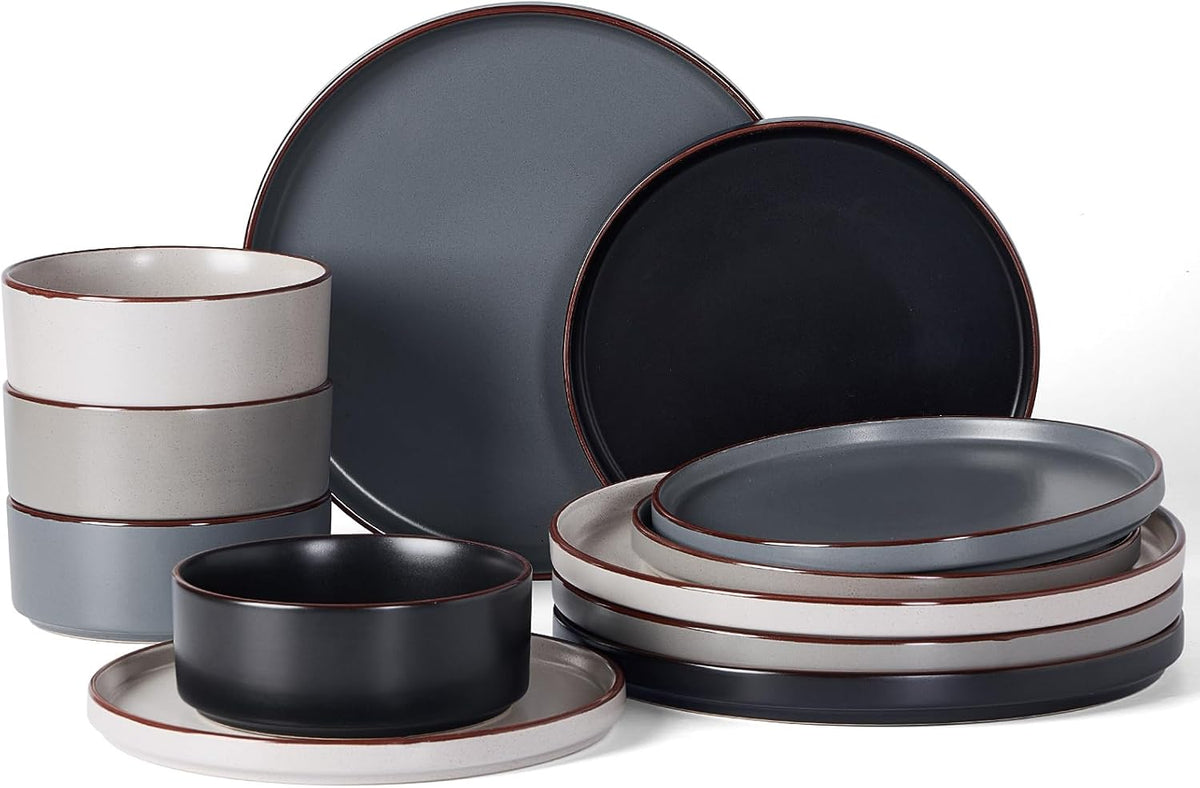 Famiware Nebula Ridge Stoneware Dinnerware Sets, Plates and Bowls Sets for 4, 12 Pieces Dishes Set, Microwave and Dishwasher Safe Kitchen Plates, Charcoal