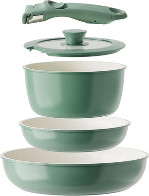Redchef Ceramic Pots and Pans Set Non Stick, Nonstick Kitchen Cookware Sets, Non Toxic Pots and Pans Set Non Stick, PFAS PFOA & PTFE Free, Detachable Handle Pots and Pans 5 Piece, RV Cookware