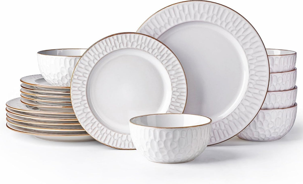 GBHOME Ceramic Dinnerware Sets,12 pcs Embossed Elegant Stoneware Plates and Bowls Sets, Housewarming Wedding Gift | Dishwasher &amp; Microwave Safe | Dishes Set Service for 4
