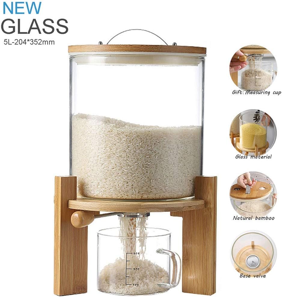 Rice Dispenser, Rice Storage Container, Flour and Cereal Container for Kitchen Organization and Pantry Store, Glass Cereal dispenser with Airtight Lid and Wooden Stand 5L