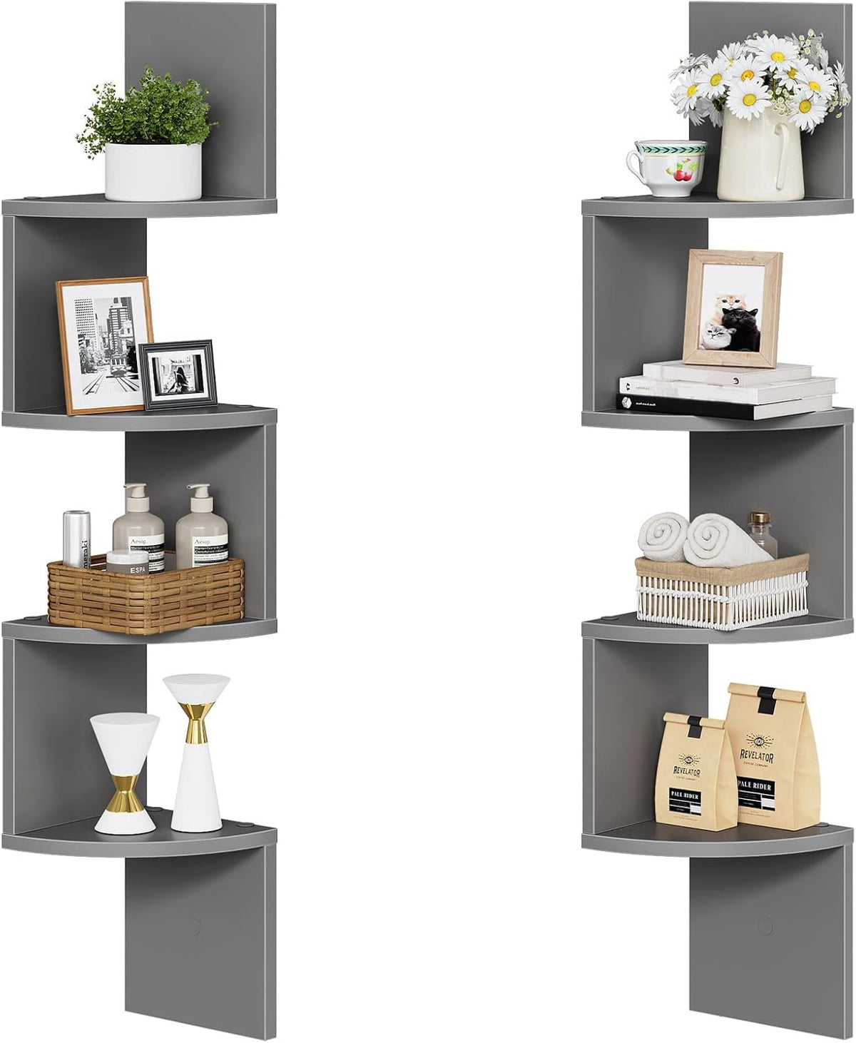 HOOBRO Corner Shelf Wall-Mounted, Set of 2 Floating Corner Shelves for Wall, 4-Tier Corner Bookshelves for Living Room, Bedroom, Bathroom, Home Office, Rustic Brown BF25BJP201