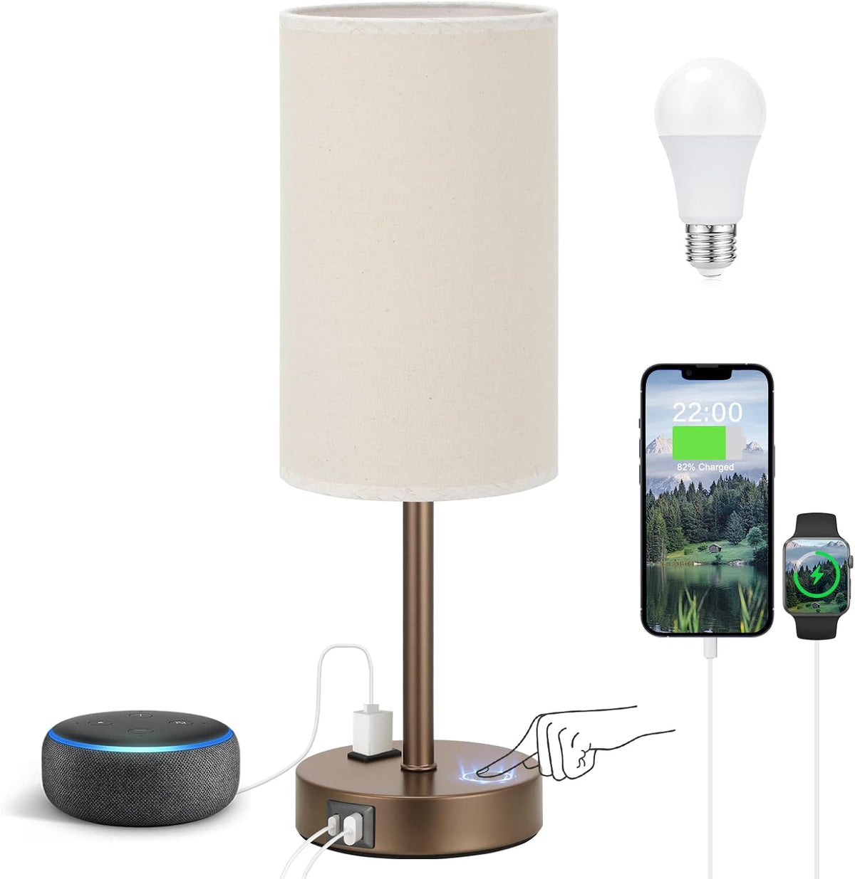 Fenmzee Bedside Table Lamp for Bedroom - 3 Way Dimmable Touch Lamp USB C Charging Ports and AC Outlet, Small Lamp Wood Base Round Flaxen Fabric Shade for Living Room, Desk, LED Bulb Included