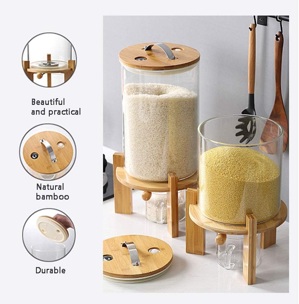Rice Dispenser, Rice Storage Container, Flour and Cereal Container for Kitchen Organization and Pantry Store, Glass Cereal dispenser with Airtight Lid and Wooden Stand 5L