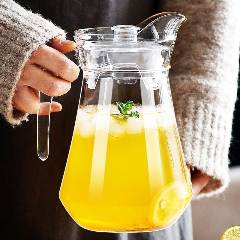 7-Pcs/Set Glass Pitcher with 6 Glasses Tumbler Cups Lid Water Carafe Jug with Spout Handle for Hot/Cold Water Tea Beverage