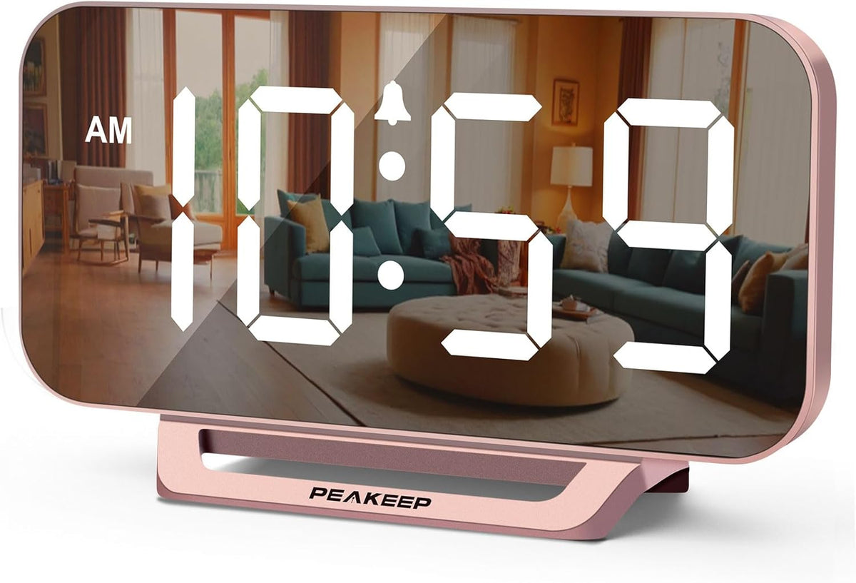 Peakeep Slim Digital Mirror Aesthetic Alarm Clock for Bedrooms Desk Decor - Plug in Electric Big LED Modern Small Clock for Office Living Room, Battery Backup, 6 Dimmers (Gold)
