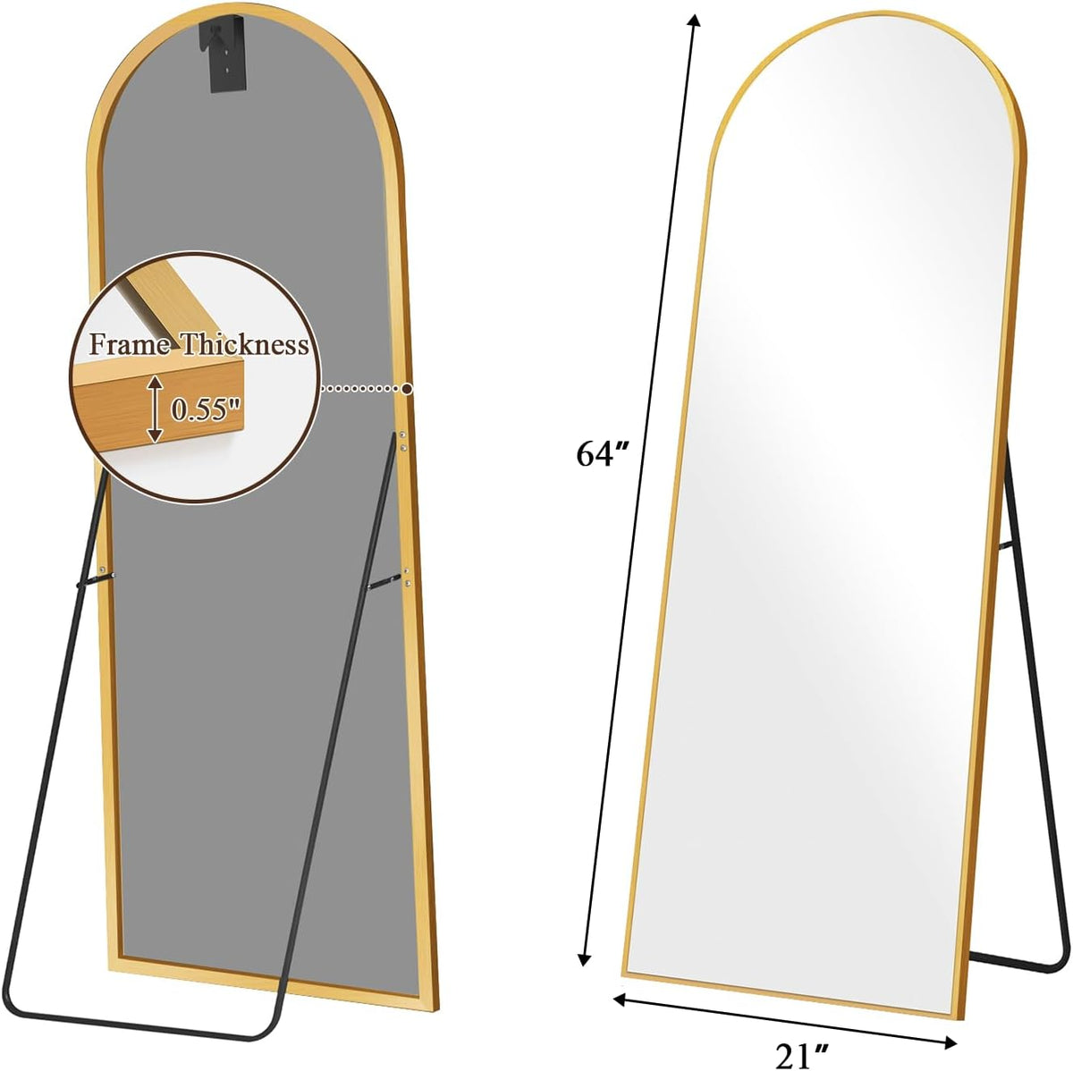 64&quot;x21&quot; Full Length Mirror with Stand, Shatterproof Arched Floor Mirror, Aluminum Alloy Thin Frame - Freestanding/Leaning/Wall Mount for Bedroom, Living Room &amp; Entryway (Gold)