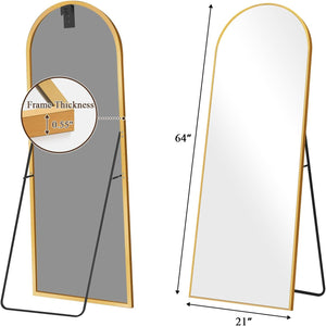 64"x21" Full Length Mirror with Stand, Shatterproof Arched Floor Mirror, Aluminum Alloy Thin Frame - Freestanding/Leaning/Wall Mount for Bedroom, Living Room & Entryway (Gold)