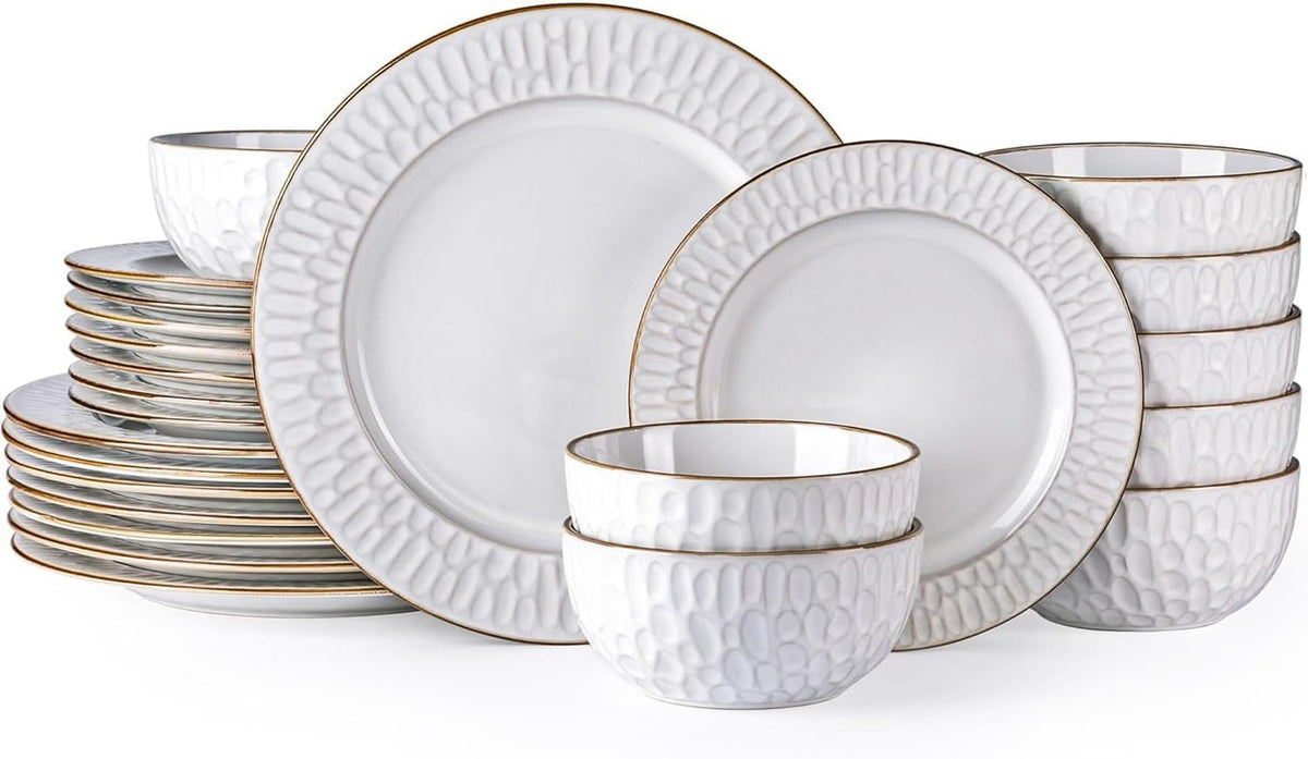 GBHOME Ceramic Dinnerware Sets,12 pcs Embossed Elegant Stoneware Plates and Bowls Sets, Housewarming Wedding Gift | Dishwasher &amp; Microwave Safe | Dishes Set Service for 4