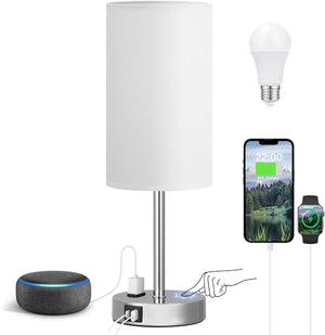 Fenmzee Bedside Table Lamp for Bedroom - 3 Way Dimmable Touch Lamp USB C Charging Ports and AC Outlet, Small Lamp Wood Base Round Flaxen Fabric Shade for Living Room, Desk, LED Bulb Included