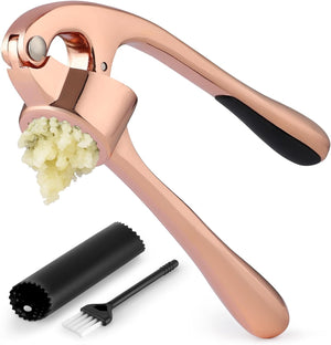 Zulay Kitchen Premium Garlic Press Set - Rust Proof & Dishwasher Safe Professional Garlic Mincer Tool - Easy-Squeeze, Easy-Clean with Soft, Ergonomic Handle - Silicone Garlic Peeler & Brush (Silver)