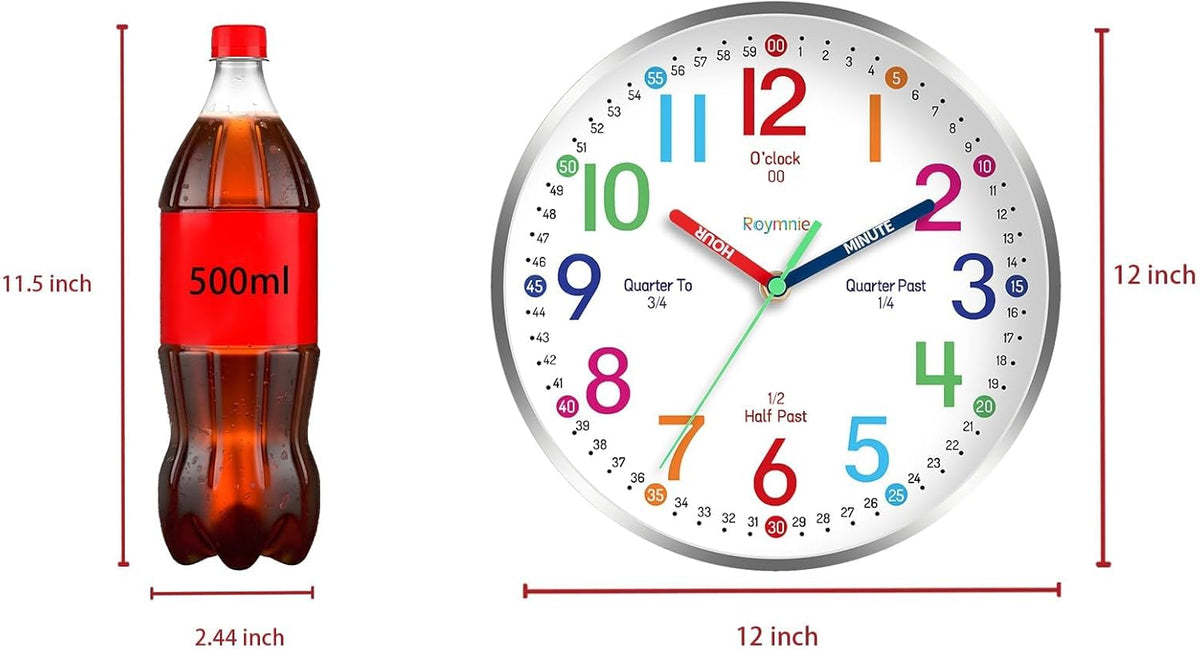 Wall Clock for Kids Learning to Tell Time Easily Non Ticking Battery Operated Kids Teaching Clock Silent Colorful Teaching Time Clock Decorative for Kids Room Classroom School (12 Inch)