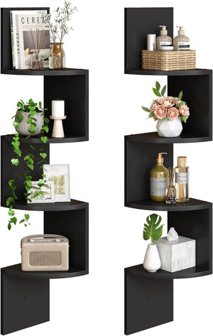 HOOBRO Corner Shelf Wall-Mounted, Set of 2 Floating Corner Shelves for Wall, 4-Tier Corner Bookshelves for Living Room, Bedroom, Bathroom, Home Office, Rustic Brown BF25BJP201