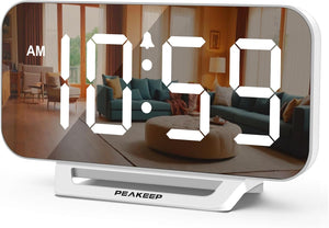 Peakeep Slim Digital Mirror Aesthetic Alarm Clock for Bedrooms Desk Decor - Plug in Electric Big LED Modern Small Clock for Office Living Room, Battery Backup, 6 Dimmers (Gold)