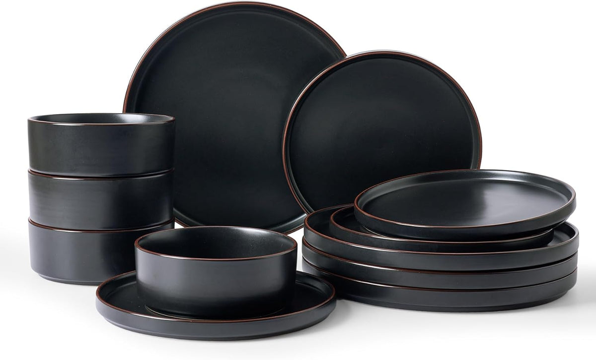 Famiware Nebula Ridge Stoneware Dinnerware Sets, Plates and Bowls Sets for 4, 12 Pieces Dishes Set, Microwave and Dishwasher Safe Kitchen Plates, Charcoal
