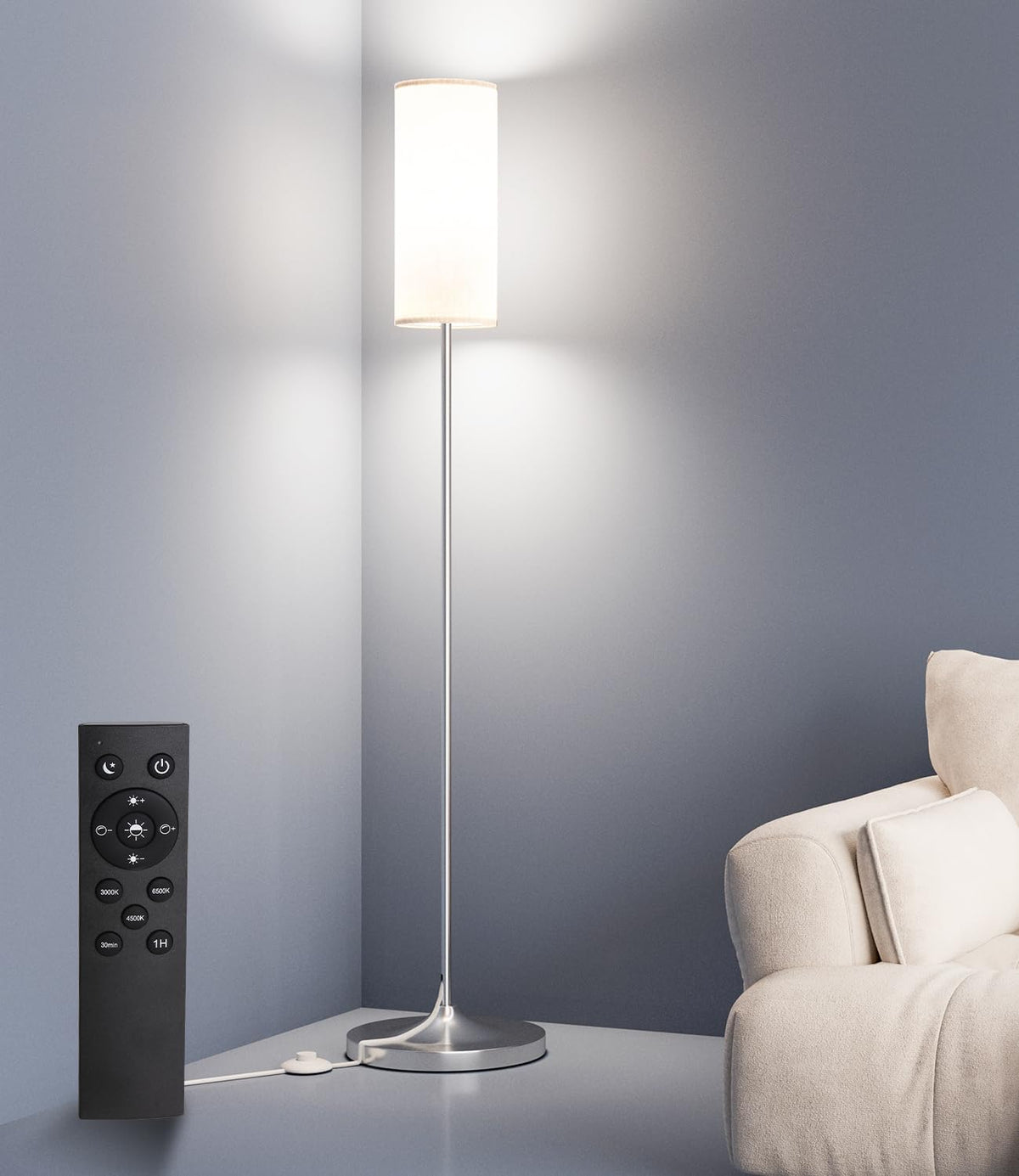 luckystyle Dimmable Floor Standing Tall Lamp, 12W Led Bulb with Lampshade, Foot Switch, Remote Custom Color Temperature Pole for Bedroom, Office, Kids &amp; Living Room, Black