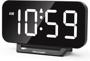 Peakeep Slim Digital Mirror Aesthetic Alarm Clock for Bedrooms Desk Decor - Plug in Electric Big LED Modern Small Clock for Office Living Room, Battery Backup, 6 Dimmers (Gold)