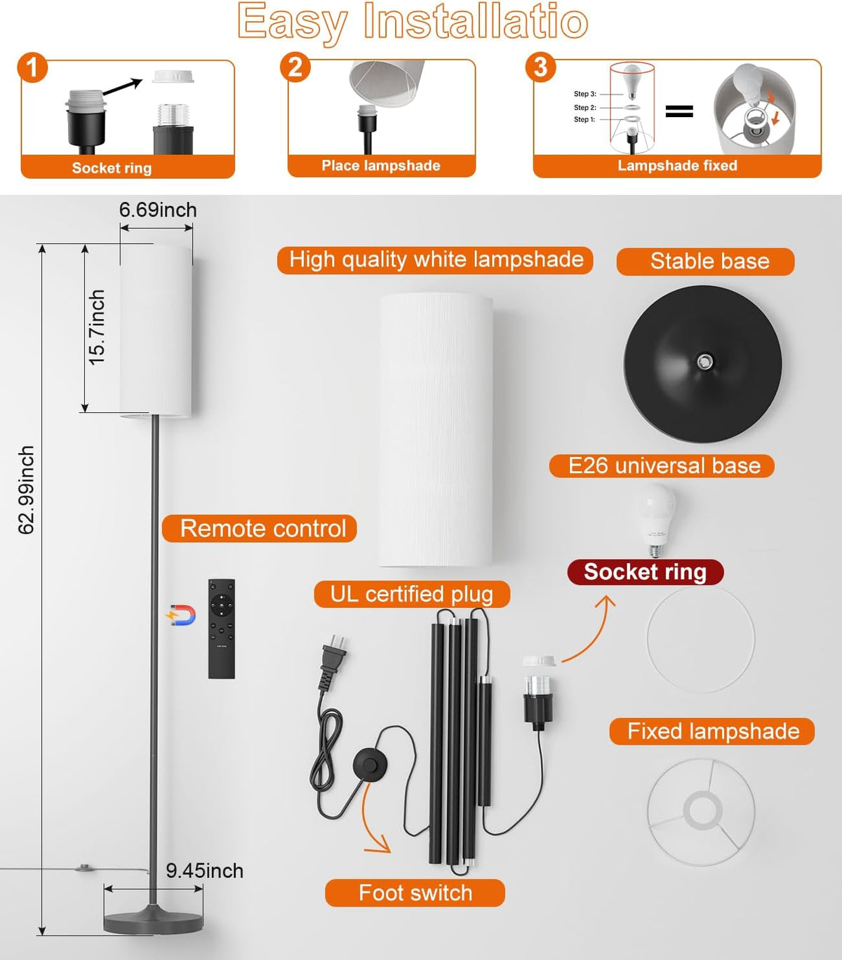 luckystyle Dimmable Floor Standing Tall Lamp, 12W Led Bulb with Lampshade, Foot Switch, Remote Custom Color Temperature Pole for Bedroom, Office, Kids &amp; Living Room, Black