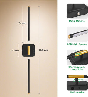 10000mAh Detachable Battery Operated Wall Sconce Set of 2, Wireless Wall Lamp 360°Rotate, 3000-6500K Dimmable, Rechargeable Modern Wall Light for Bedroom, Living Room，28.3" Black Gold