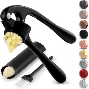 Zulay Kitchen Premium Garlic Press Set - Rust Proof & Dishwasher Safe Professional Garlic Mincer Tool - Easy-Squeeze, Easy-Clean with Soft, Ergonomic Handle - Silicone Garlic Peeler & Brush (Silver)