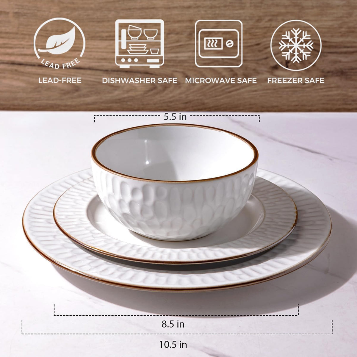 GBHOME Ceramic Dinnerware Sets,12 pcs Embossed Elegant Stoneware Plates and Bowls Sets, Housewarming Wedding Gift | Dishwasher &amp; Microwave Safe | Dishes Set Service for 4