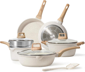 CAROTE 21Pcs Pots and Pans Set, Nonstick Cookware Sets, White Granite Induction Cookware Non Stick Cooking Set w/Frying Pans & Saucepans(PFOS, PFOA Free)