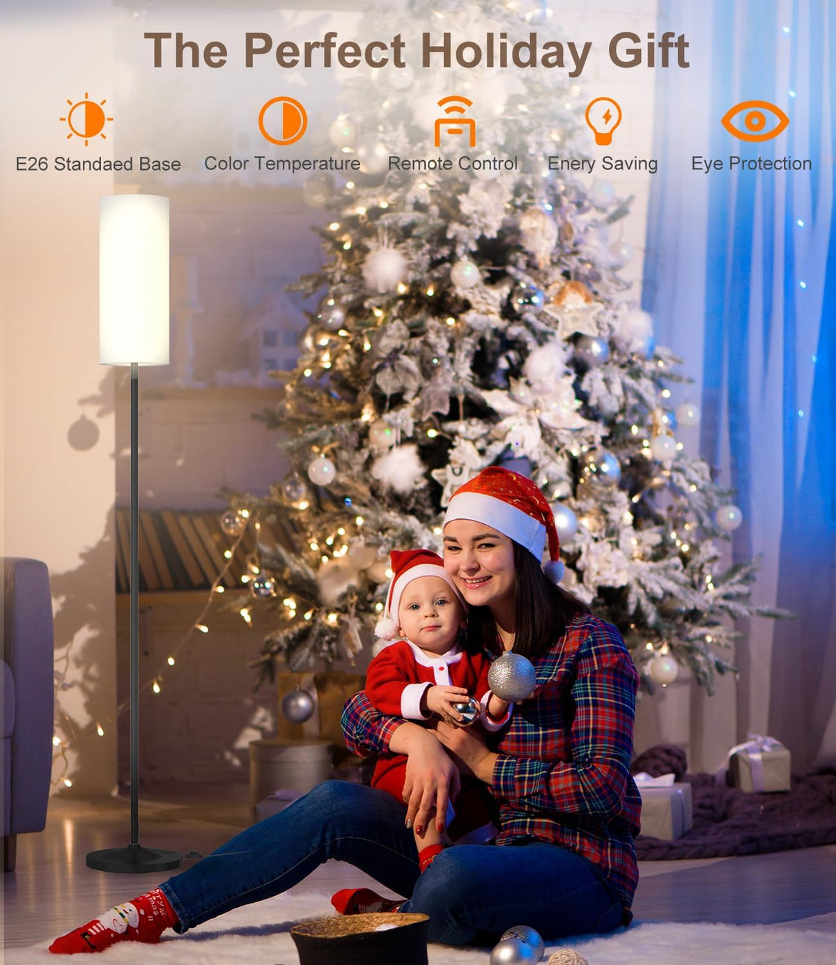 luckystyle Dimmable Floor Standing Tall Lamp, 12W Led Bulb with Lampshade, Foot Switch, Remote Custom Color Temperature Pole for Bedroom, Office, Kids &amp; Living Room, Black