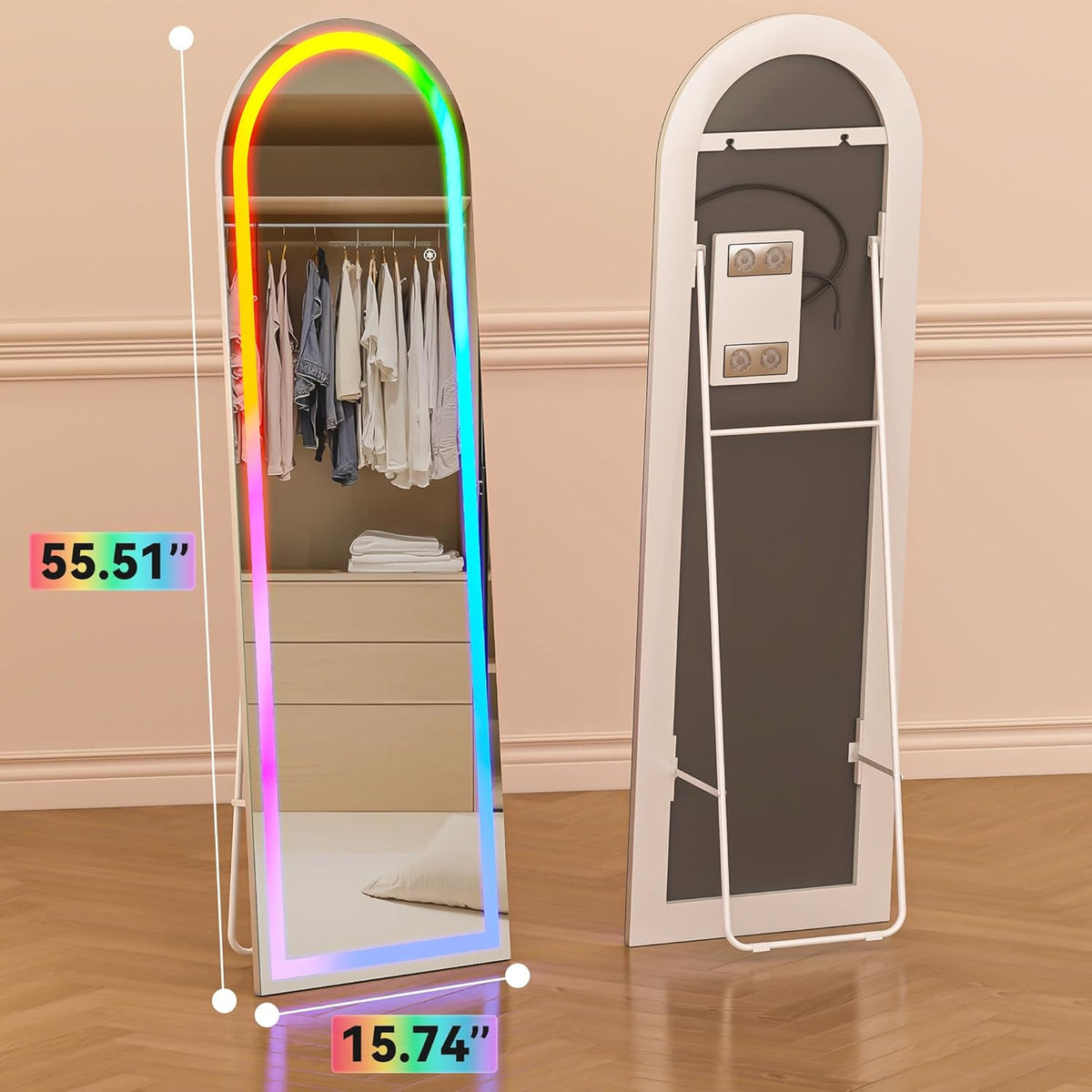 Hasipu 56&quot; x 16&quot; Arch LED Full Length Mirror with RGB Lights and Bluetooth Speaker, Full Body Floor Mirror with White Frame for Bedroom, Living Room, Dressing Room