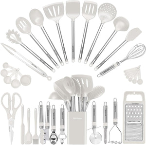 Kitchen Utensil Set-Silicone Cooking Utensils-33 Kitchen Gadgets & Spoons for Nonstick Cookware-Silicone and Stainless Steel Spatula Set-Best Kitchen Tools, Useful Pots and Pans Accessories