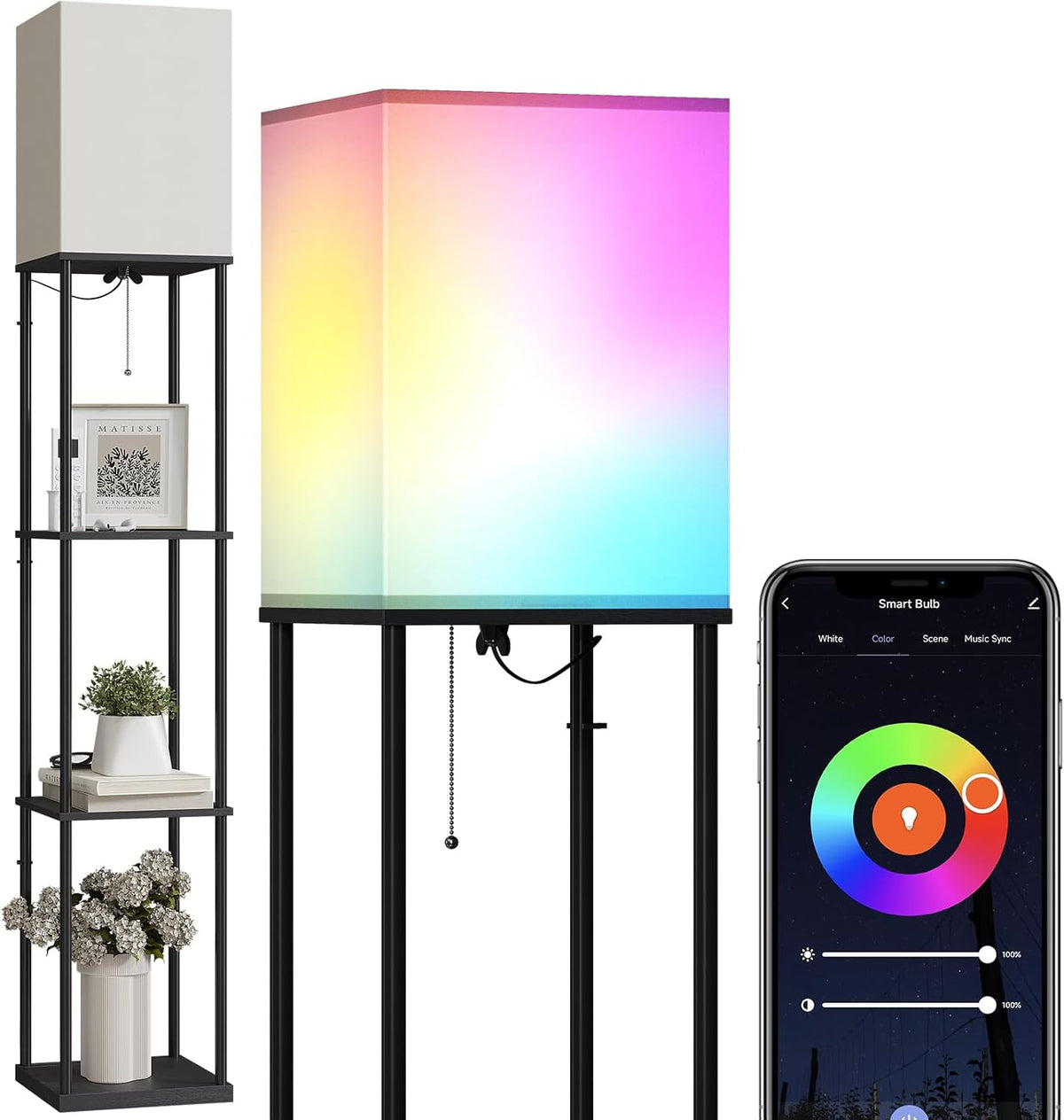 SUNMORY Floor Lamp with Shelves, Modern Square Standing Lamp with 3 Color Temperature Bulb, Corner Display Bookshelf Lamp for Living Room and Bedroom(Black)