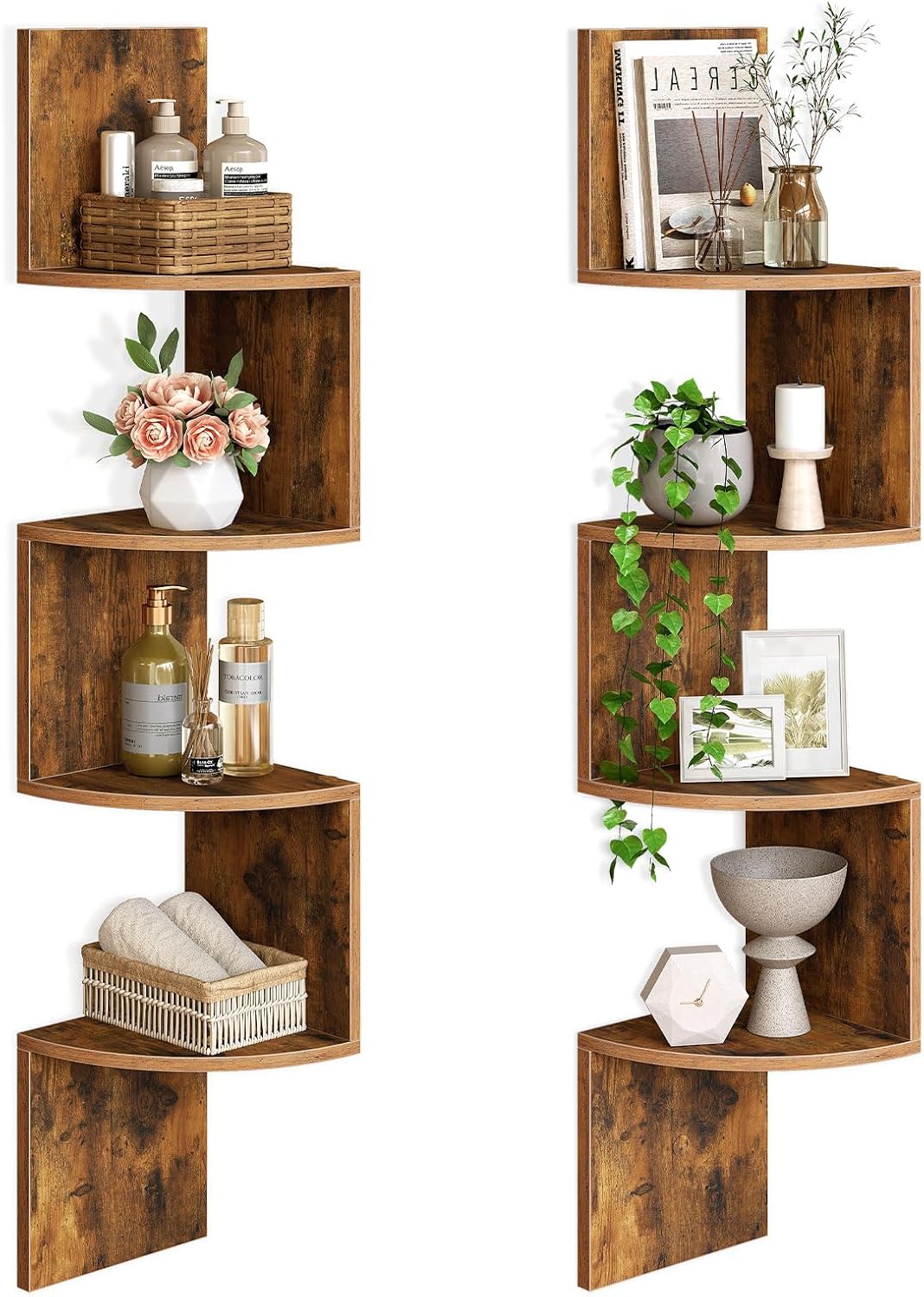 HOOBRO Corner Shelf Wall-Mounted, Set of 2 Floating Corner Shelves for Wall, 4-Tier Corner Bookshelves for Living Room, Bedroom, Bathroom, Home Office, Rustic Brown BF25BJP201