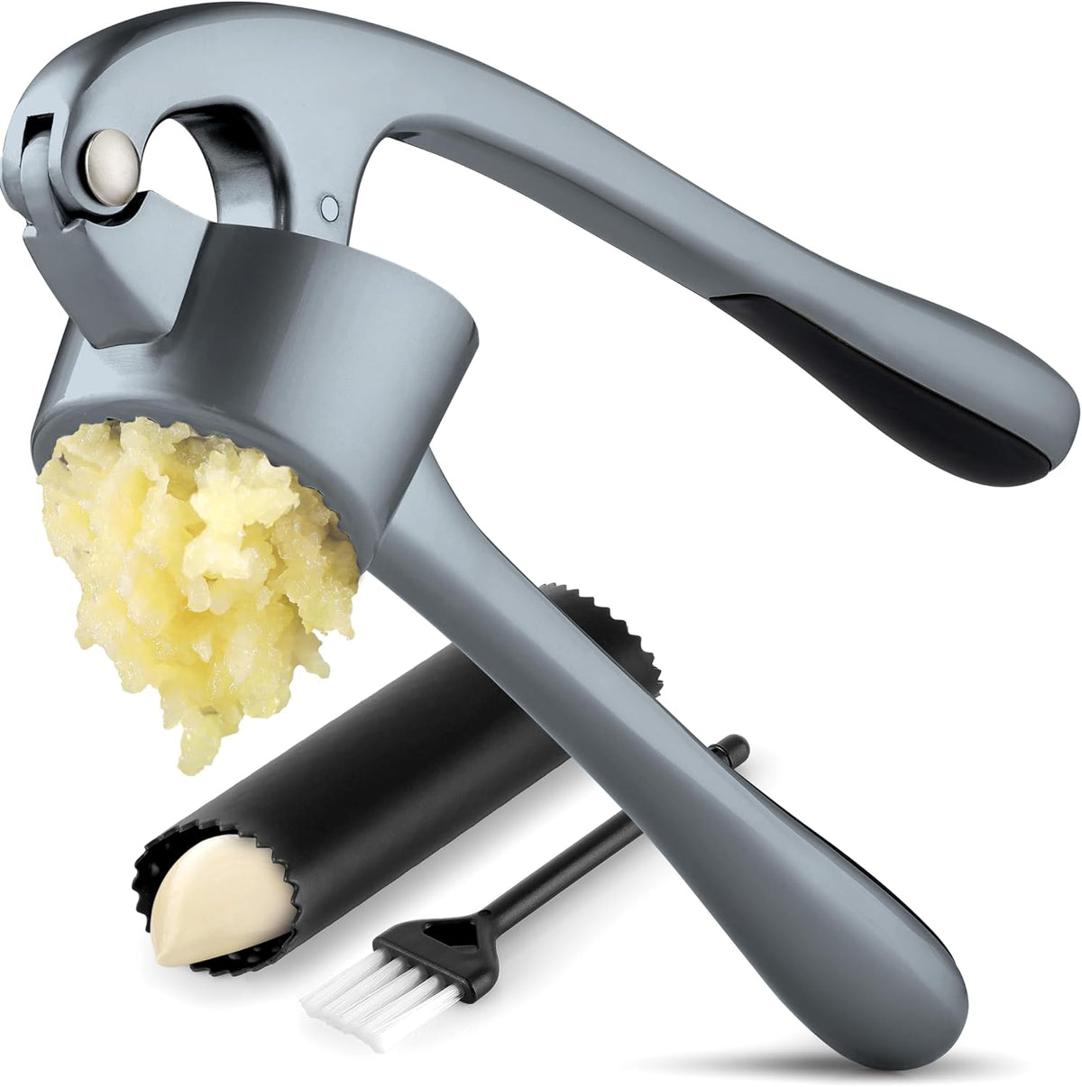 Zulay Kitchen Premium Garlic Press Set - Rust Proof &amp; Dishwasher Safe Professional Garlic Mincer Tool - Easy-Squeeze, Easy-Clean with Soft, Ergonomic Handle - Silicone Garlic Peeler &amp; Brush (Silver)