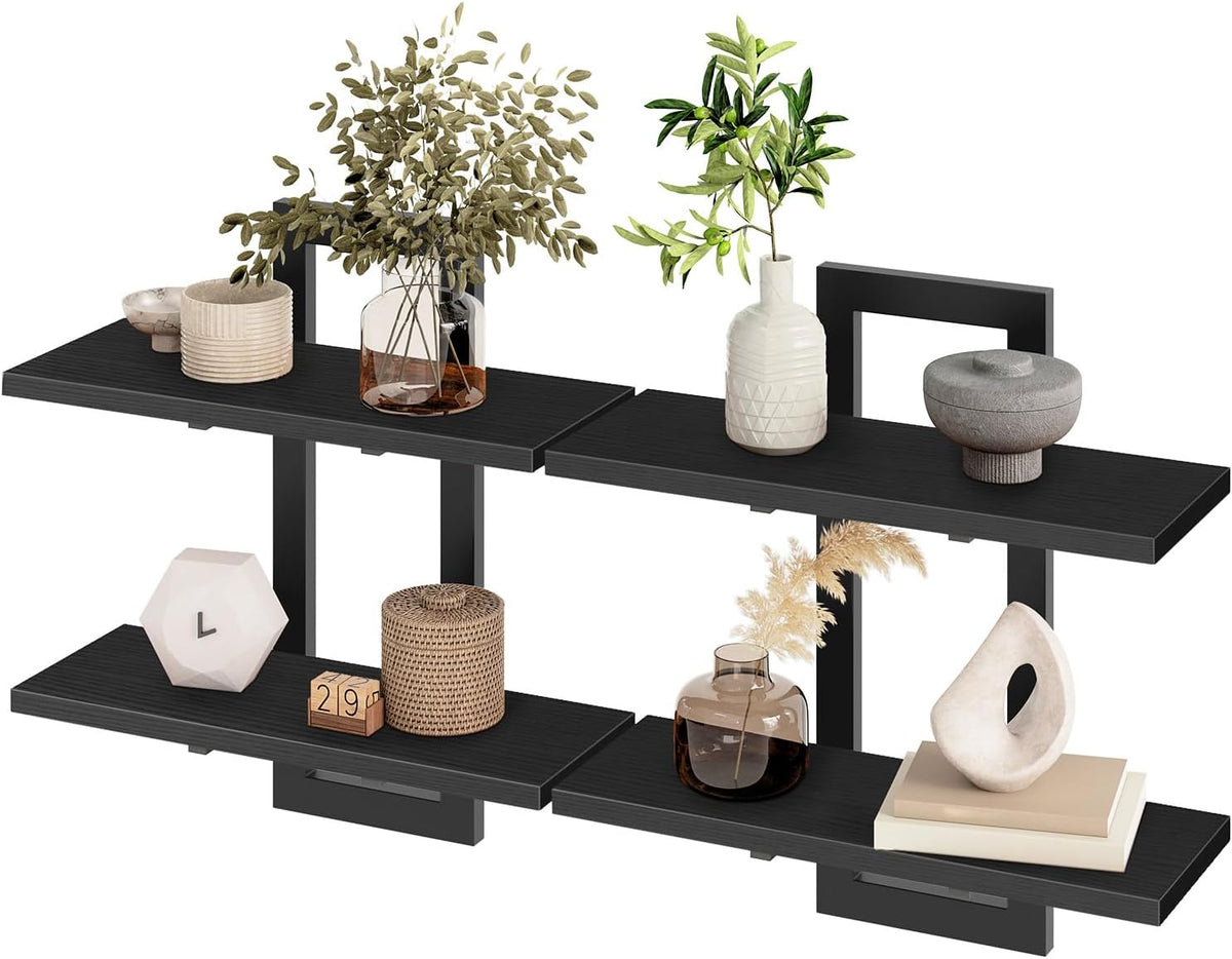 HOOBRO Floating Shelves, 15 Inch Wall Shelf Set of 2, Wall Mounted Storage Shelves 2-Tier, Hanging Bathroom Shelves, for Living Room, Bedroom, Bathroom, Kitchen, Rustic Brown and Black BF32BJ01