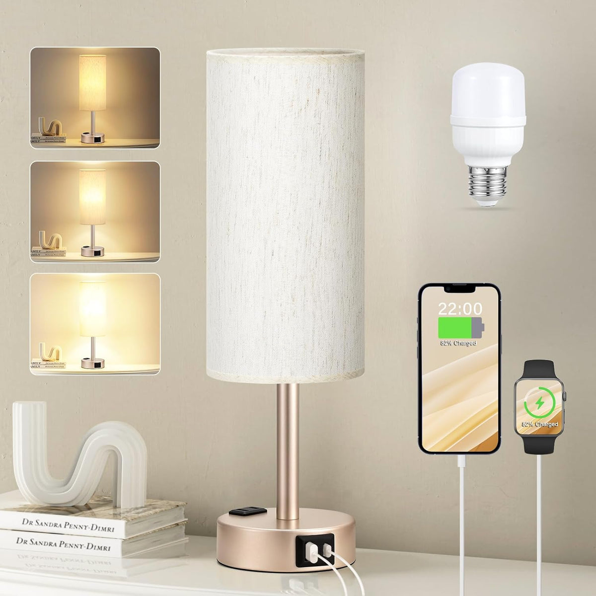 Fenmzee Bedside Table Lamp for Bedroom - 3 Way Dimmable Touch Lamp USB C Charging Ports and AC Outlet, Small Lamp Wood Base Round Flaxen Fabric Shade for Living Room, Desk, LED Bulb Included