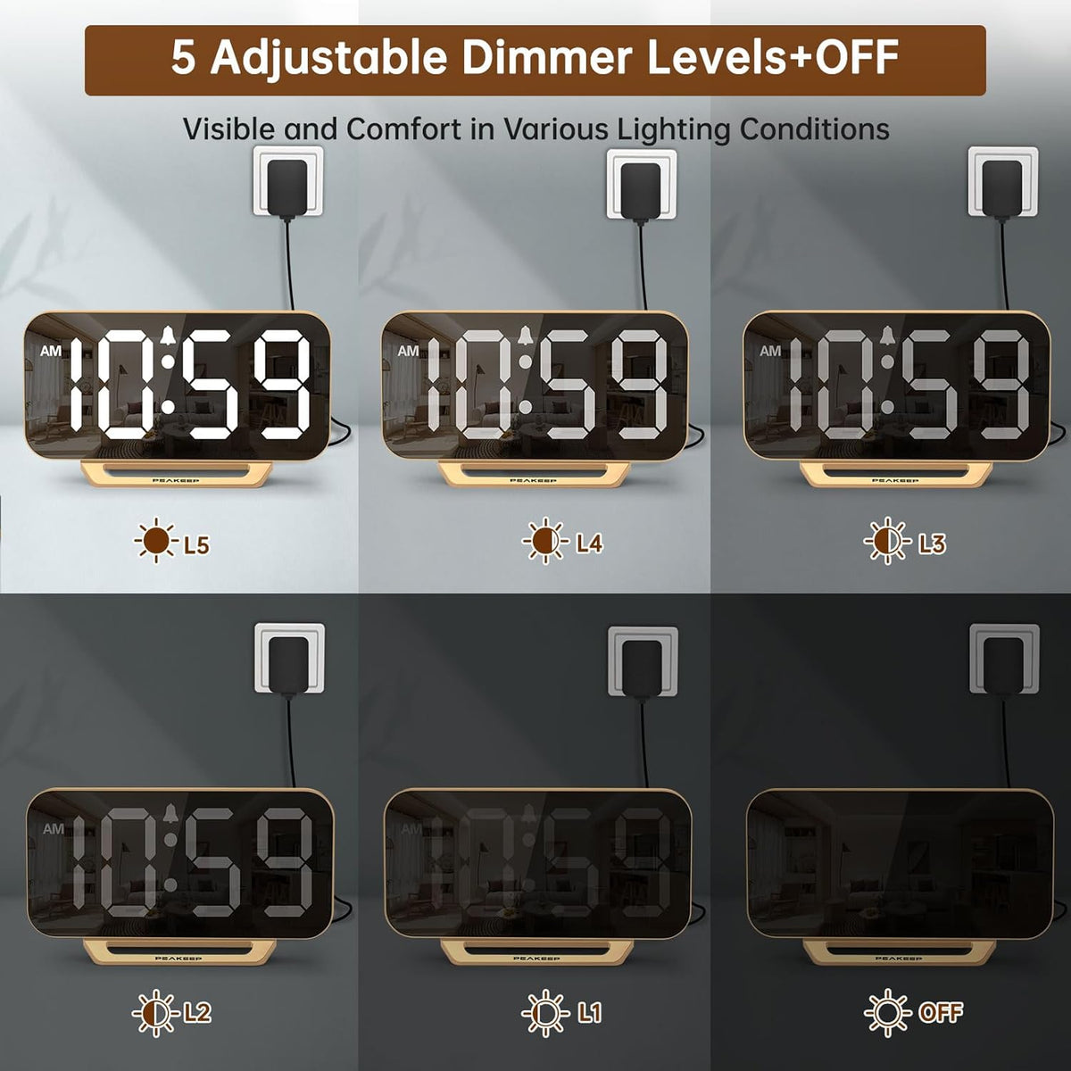 Peakeep Slim Digital Mirror Aesthetic Alarm Clock for Bedrooms Desk Decor - Plug in Electric Big LED Modern Small Clock for Office Living Room, Battery Backup, 6 Dimmers (Gold)